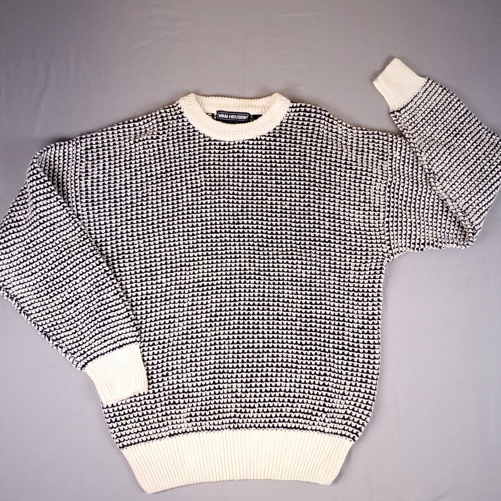 Van Heusen Sweater Mens Medium Navy Cream Birds Eye Ramie Cotton Grandpa Vintage